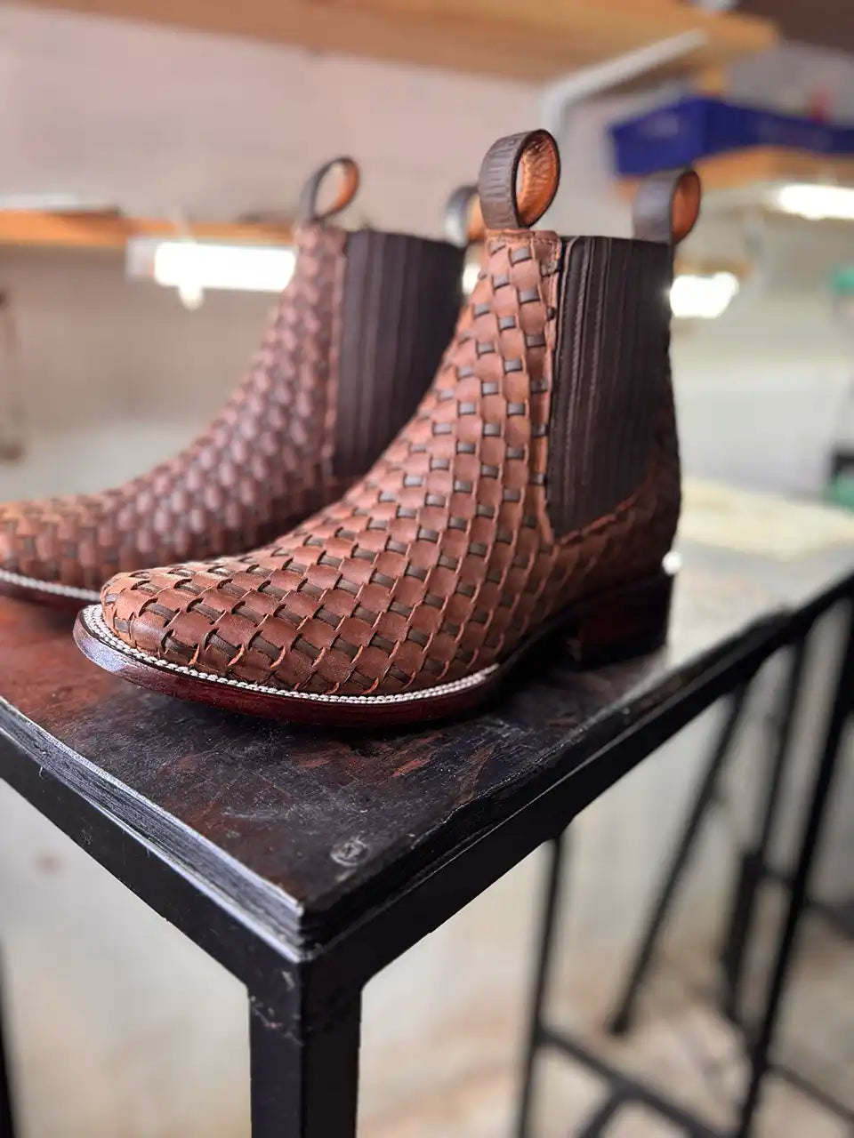 Botas Hasta La Muerte square toe Petatillo Chelsea boots with hand woven leather uppers handcrafted in León Mexico.
