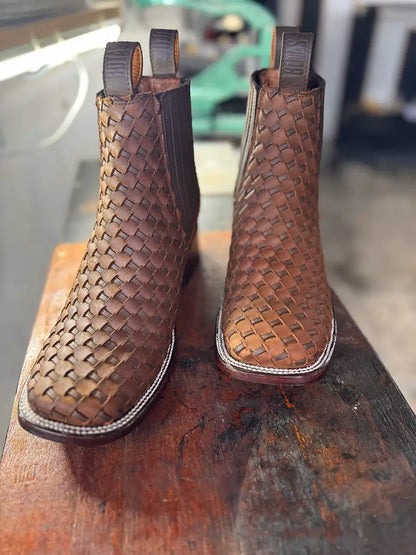 Botas Hasta La Muerte square toe Petatillo Chelsea boots with hand woven leather uppers handcrafted in León Mexico.