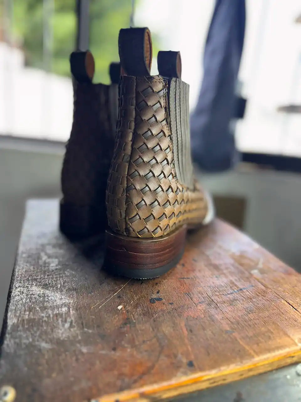 Botas Hasta La Muerte square toe Petatillo Chelsea boots with hand woven leather uppers handcrafted in León Mexico.