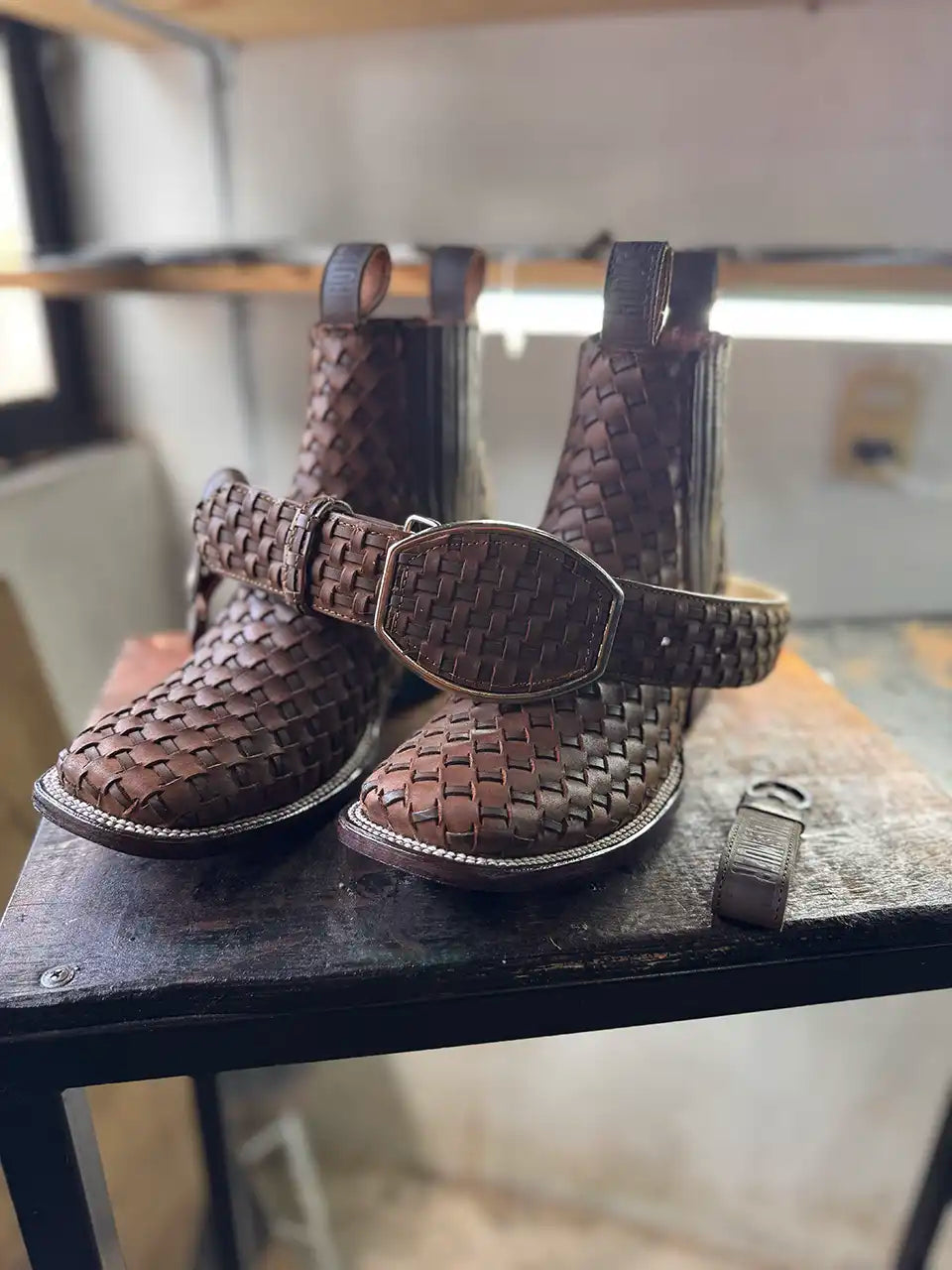 Botas Hasta La Muerte square toe Petatillo Chelsea boots with hand woven leather uppers handcrafted in León Mexico.