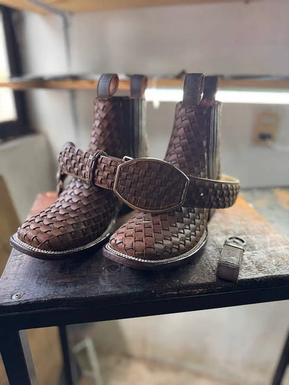 Botas Hasta La Muerte square toe Petatillo Chelsea boots with hand woven leather uppers handcrafted in León Mexico.