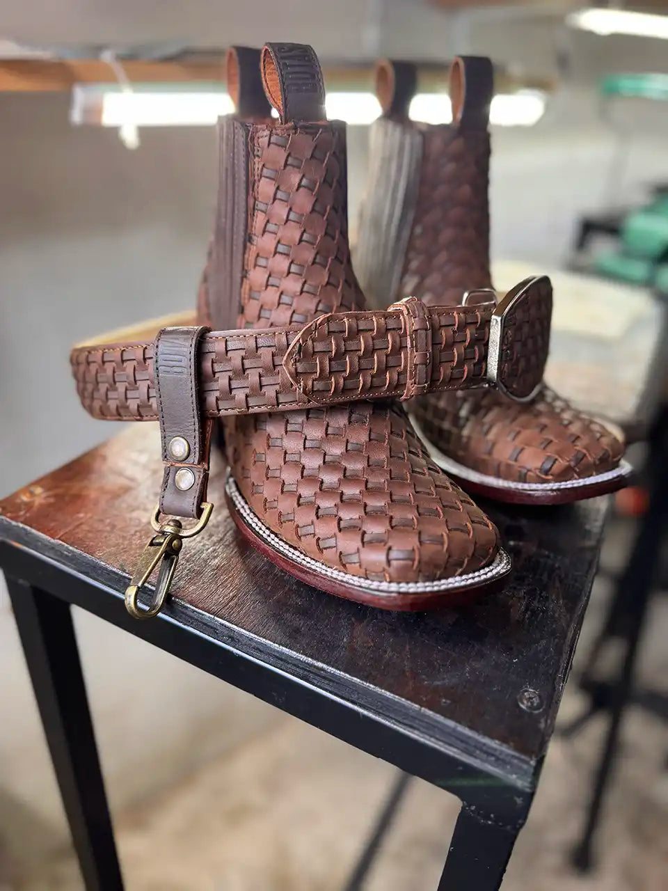 Botas Hasta La Muerte square toe Petatillo Chelsea boots with hand woven leather uppers handcrafted in León Mexico.