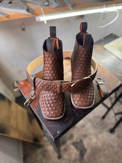 Botas Hasta La Muerte square toe Petatillo Chelsea boots with hand woven leather uppers handcrafted in León Mexico.