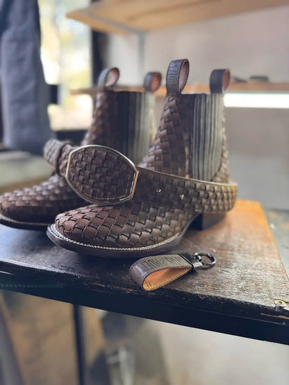 Botas Hasta La Muerte square toe Petatillo Chelsea boots with hand woven leather uppers handcrafted in León Mexico.