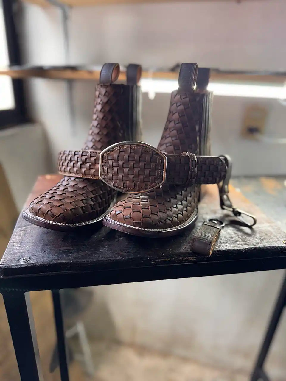 Botas Hasta La Muerte square toe Petatillo Chelsea boots with hand woven leather uppers handcrafted in León Mexico.