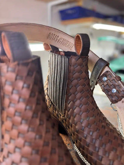 Botas Hasta La Muerte square toe Petatillo Chelsea boots with hand woven leather uppers handcrafted in León Mexico.