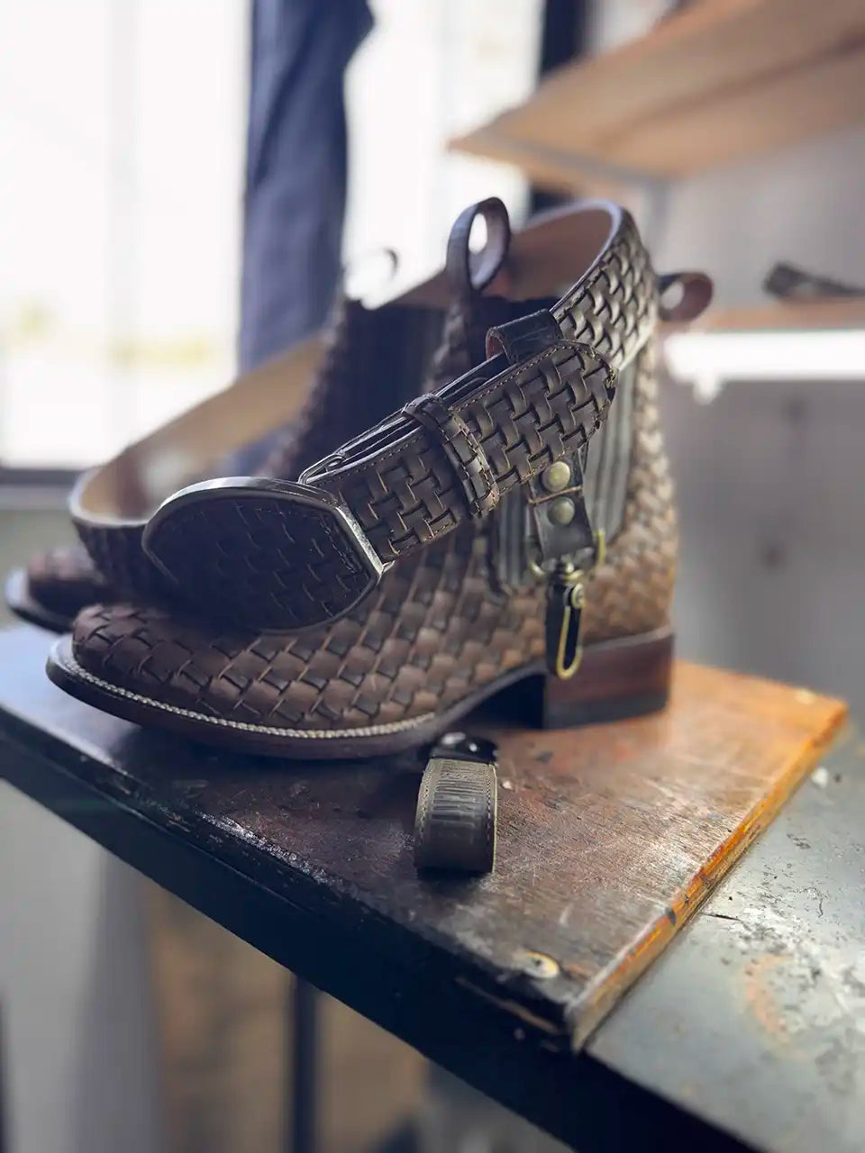Botas Hasta La Muerte square toe Petatillo Chelsea boots with hand woven leather uppers handcrafted in León Mexico.