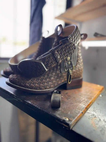 Botas Hasta La Muerte square toe Petatillo Chelsea boots with hand woven leather uppers handcrafted in León Mexico.