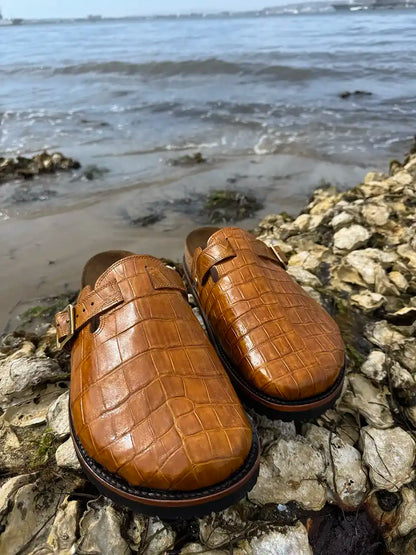 Honey alligator leather clogs with cork footbed, Vibram sole, and vegetable tanned midsole handcrafted in León Mexico.