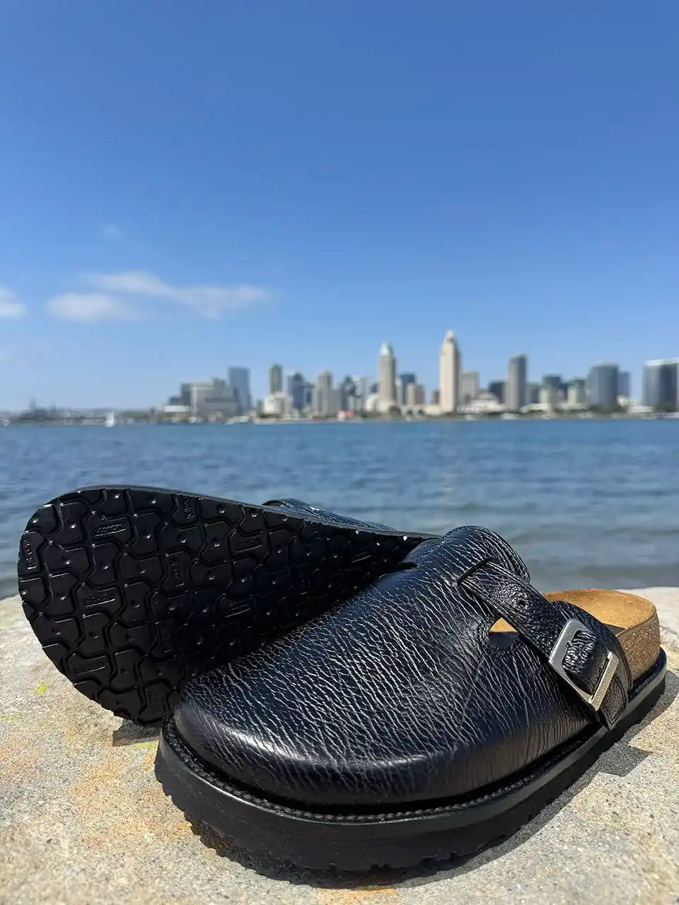 Black shark leather clogs with cork footbed and Vibram sole handcrafted in León Mexico. Botas Hasta La Muerte