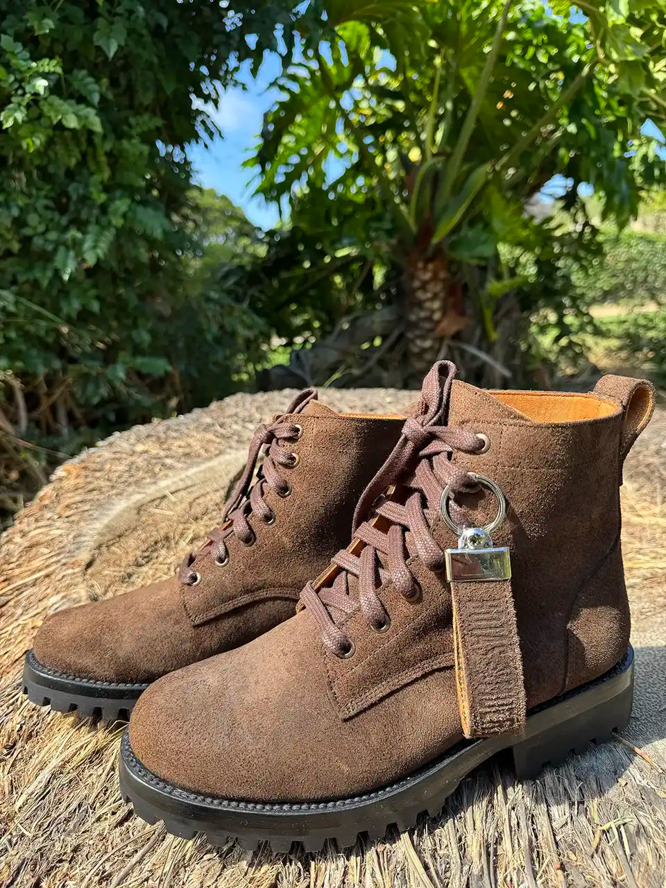 Botas Hasta La Muerte brown roughout leather lace up boots with Goodyear welt and lug soles handcrafted in León Mexico.