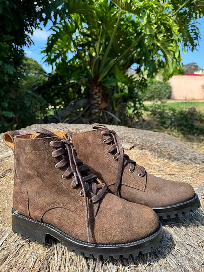 Botas Hasta La Muerte brown roughout leather lace up boots with Goodyear welt and lug soles handcrafted in León Mexico.