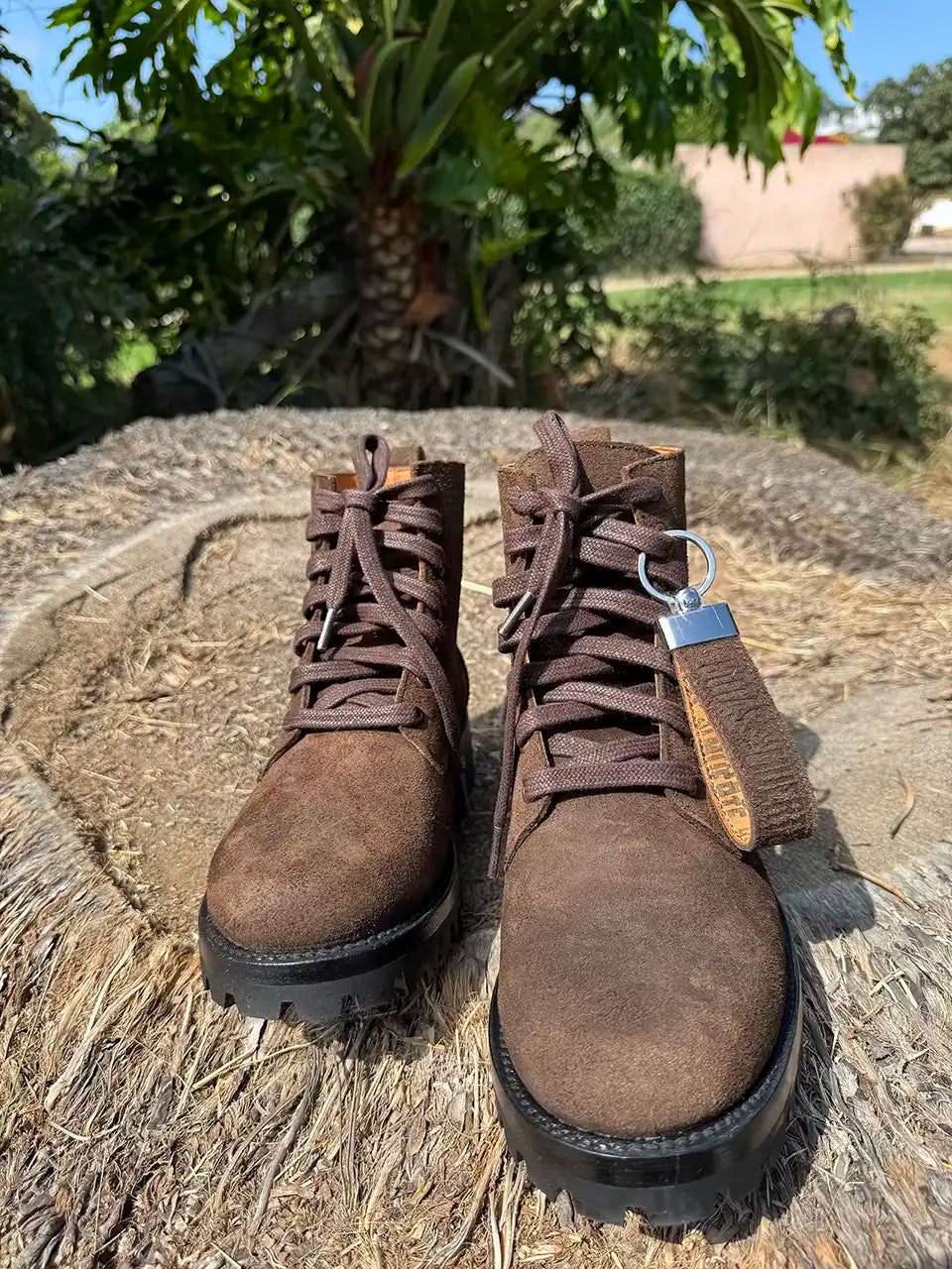 Botas Hasta La Muerte brown roughout leather lace up boots with Goodyear welt and lug soles handcrafted in León Mexico.