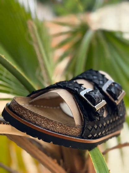 Botas Hasta La Muerte black Petatillo huaraches with cork footbed and Vibram sole handcrafted in León Mexico.