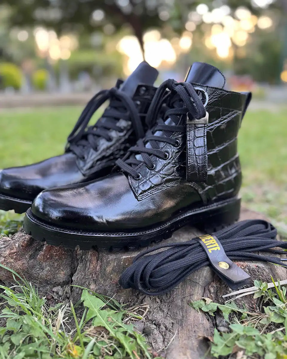 Botas Hasta La Muerte two panel alligator lace up boots with pull up leather vamps and Vibram lug soles handcrafted in León Mexico.