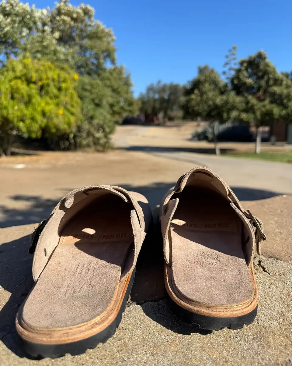 Botas Hasta La Muerte taupe suede zero drop clogs with vegetable tanned leather midsole and Vibram soles handcrafted in León Mexico.