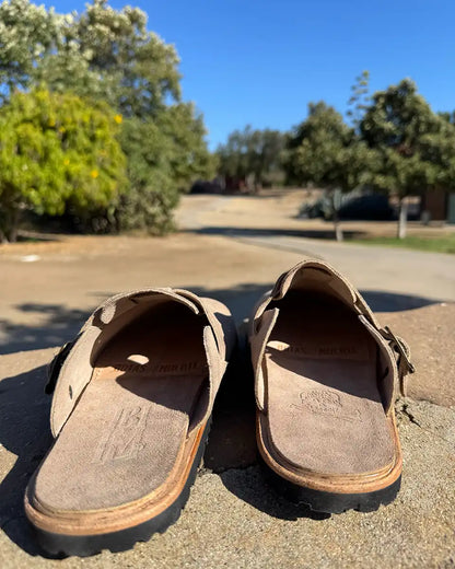 Botas Hasta La Muerte taupe suede zero drop clogs with vegetable tanned leather midsole and Vibram soles handcrafted in León Mexico.