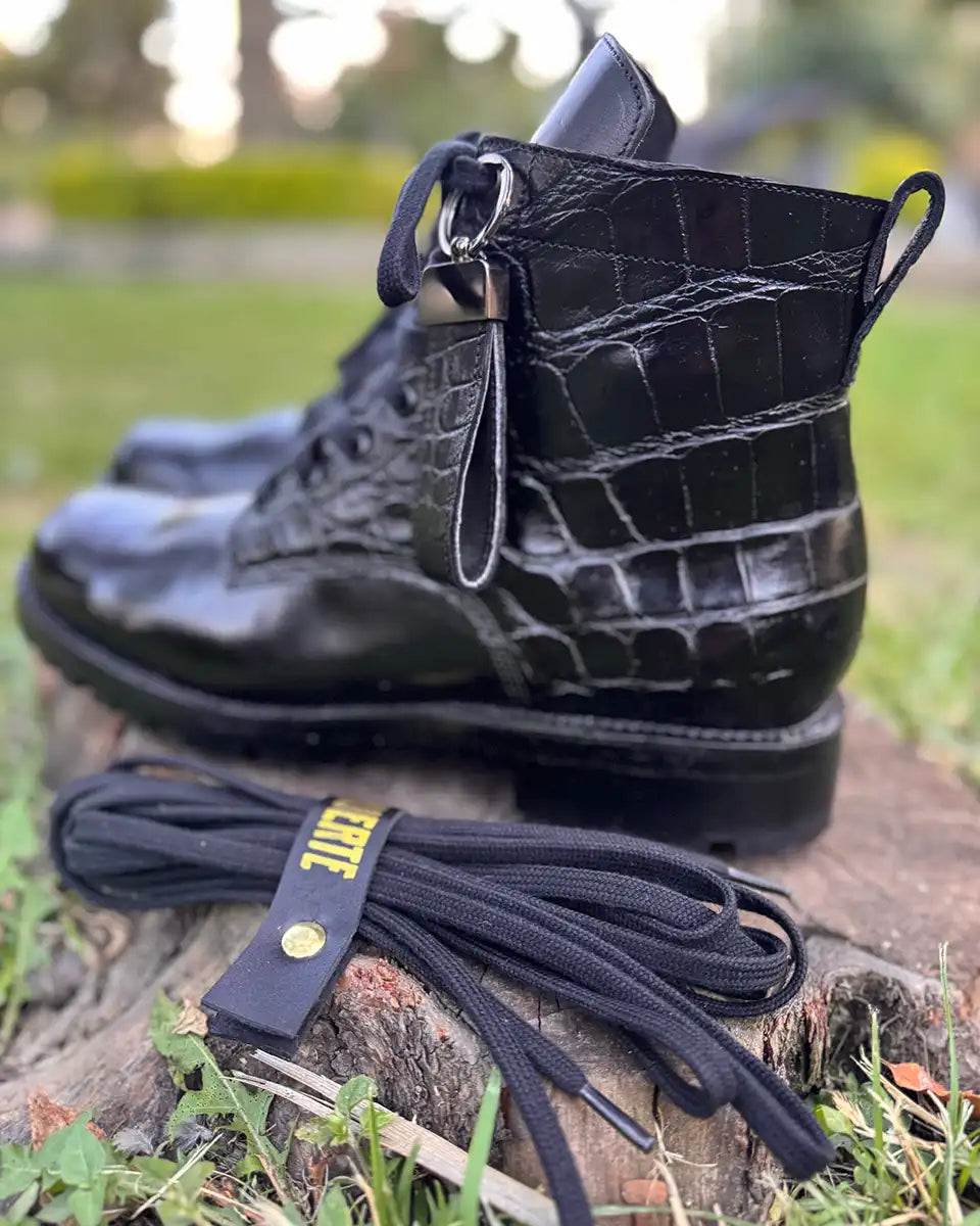 Botas Hasta La Muerte two panel alligator lace up boots with pull up leather vamps and Vibram lug soles handcrafted in León Mexico.