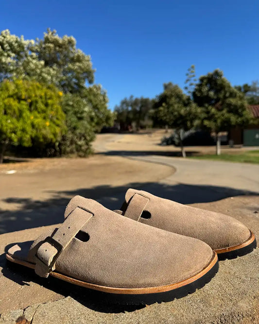 Botas Hasta La Muerte taupe suede zero drop clogs with vegetable tanned leather midsole and Vibram soles handcrafted in León Mexico.