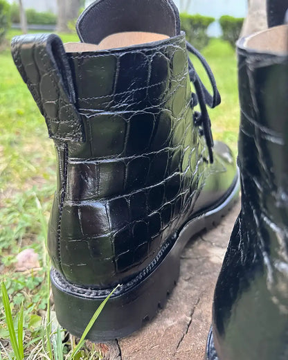 Botas Hasta La Muerte two panel alligator lace up boots with pull up leather vamps and Vibram lug soles handcrafted in León Mexico.
