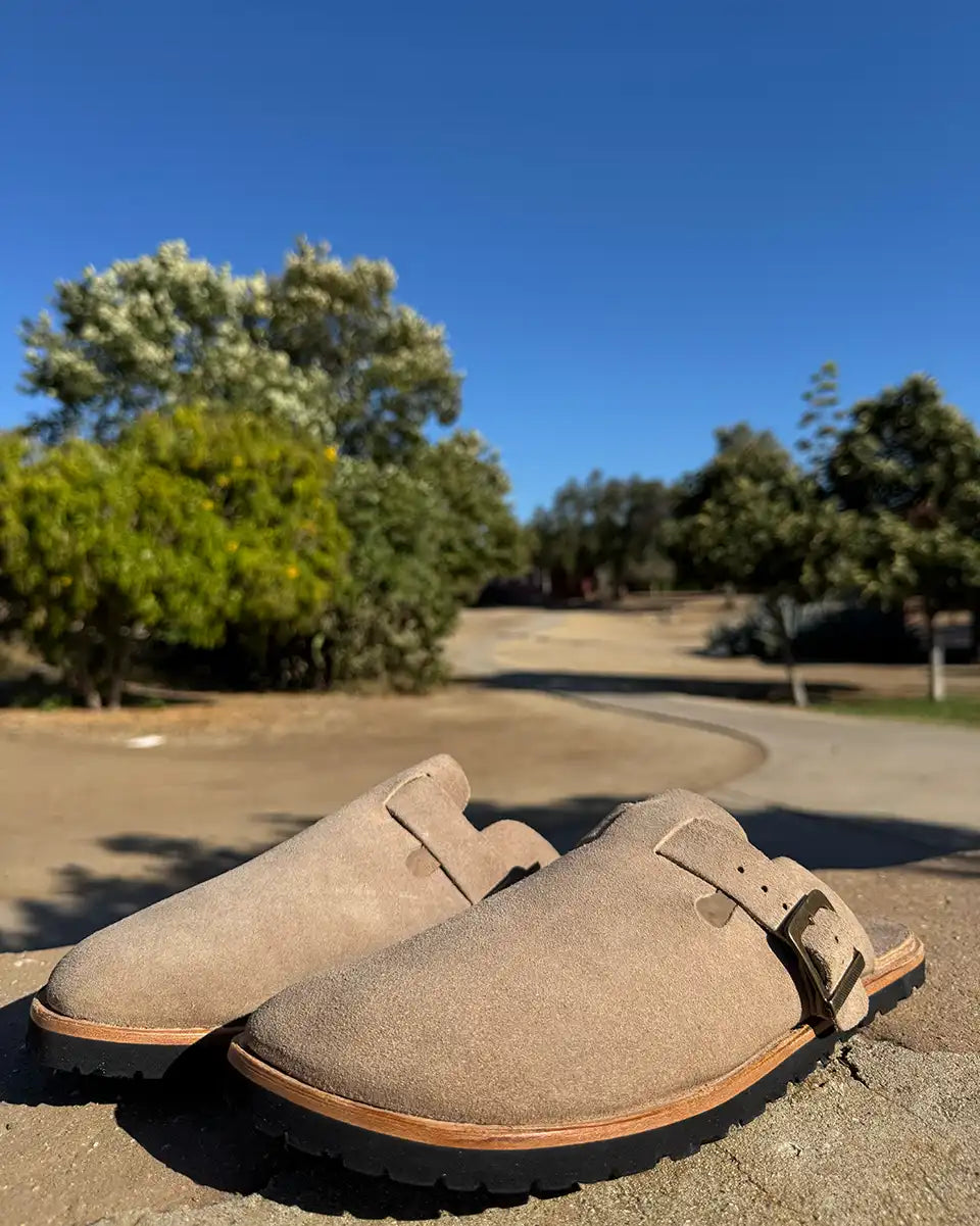 Botas Hasta La Muerte taupe suede zero drop clogs with vegetable tanned leather midsole and Vibram soles handcrafted in León Mexico.