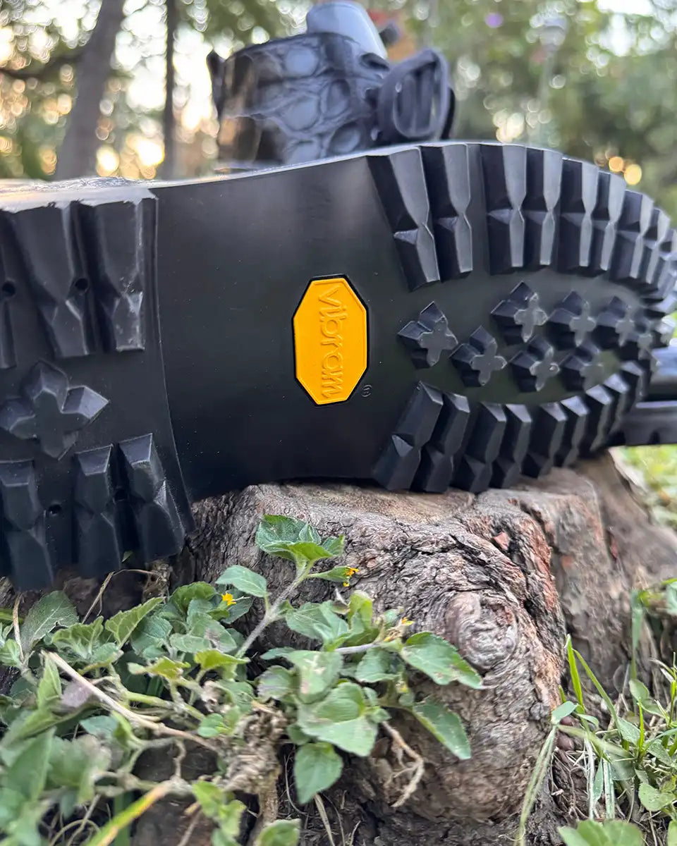 Botas Hasta La Muerte two panel alligator lace up boots with pull up leather vamps and Vibram lug soles handcrafted in León Mexico.