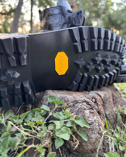Botas Hasta La Muerte two panel alligator lace up boots with pull up leather vamps and Vibram lug soles handcrafted in León Mexico.