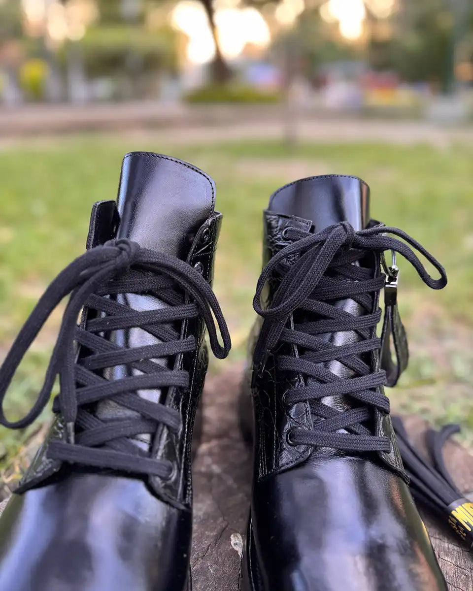 Botas Hasta La Muerte two panel alligator lace up boots with pull up leather vamps and Vibram lug soles handcrafted in León Mexico.