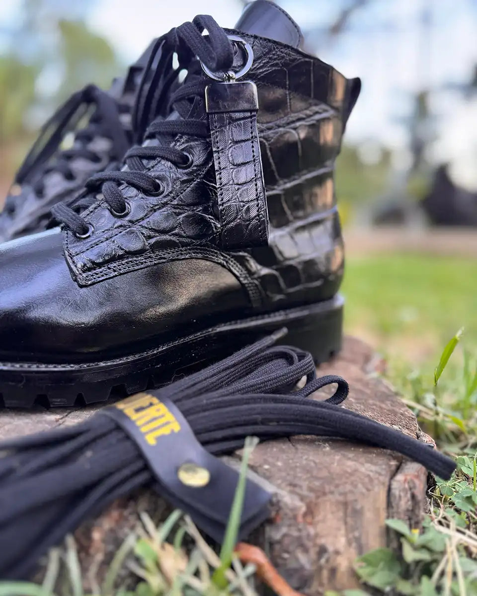 Botas Hasta La Muerte two panel alligator lace up boots with pull up leather vamps and Vibram lug soles handcrafted in León Mexico.