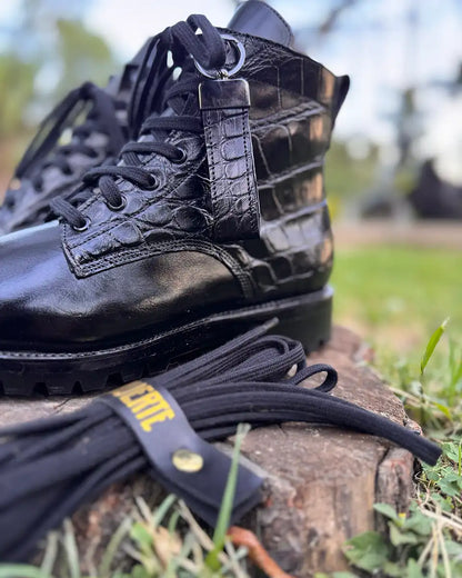 Botas Hasta La Muerte two panel alligator lace up boots with pull up leather vamps and Vibram lug soles handcrafted in León Mexico.