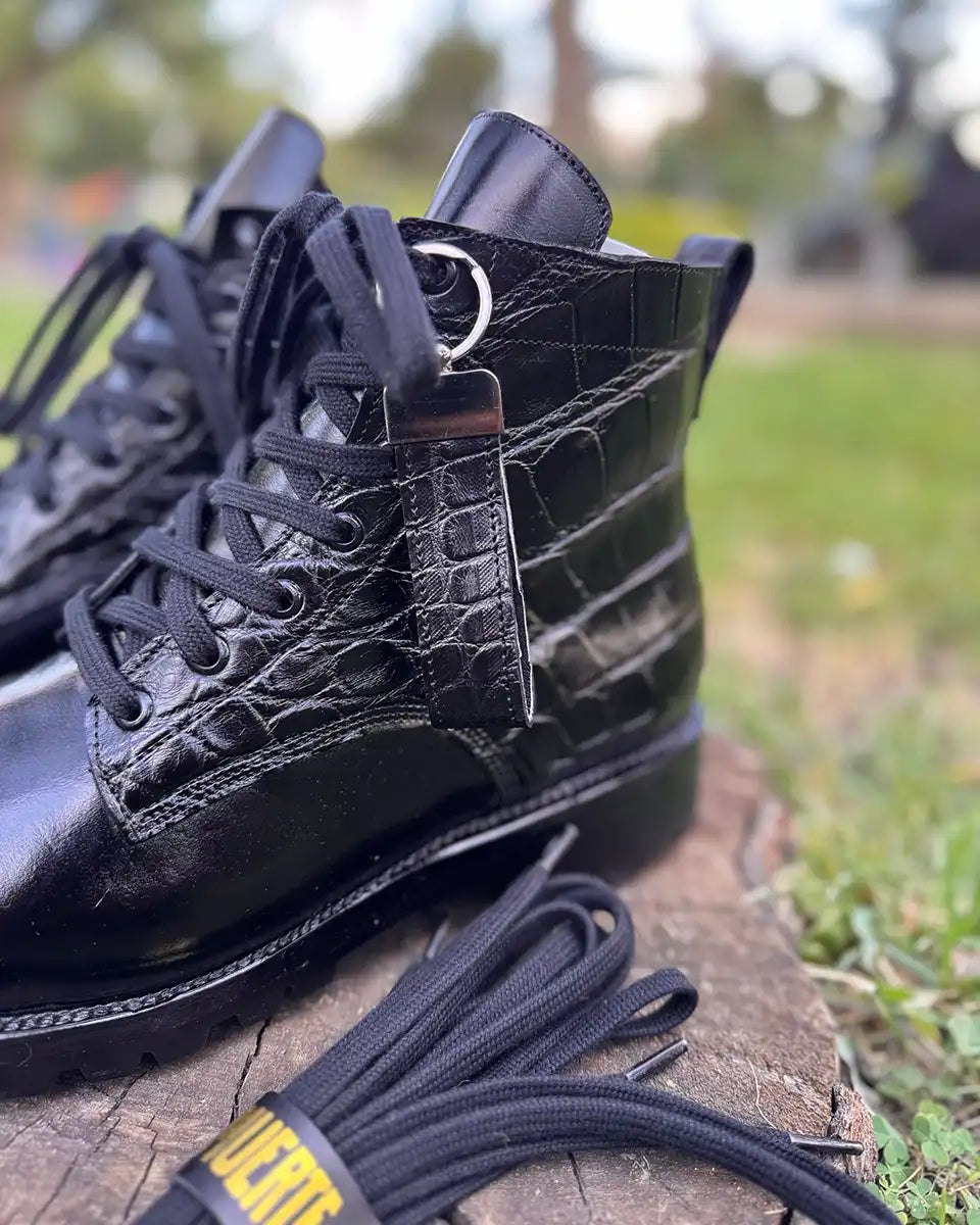 Botas Hasta La Muerte two panel alligator lace up boots with pull up leather vamps and Vibram lug soles handcrafted in León Mexico.