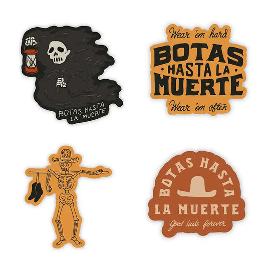 Botas Hasta La Muerte waterproof sticker pack with four bold skeleton and logo designs made in the USA.